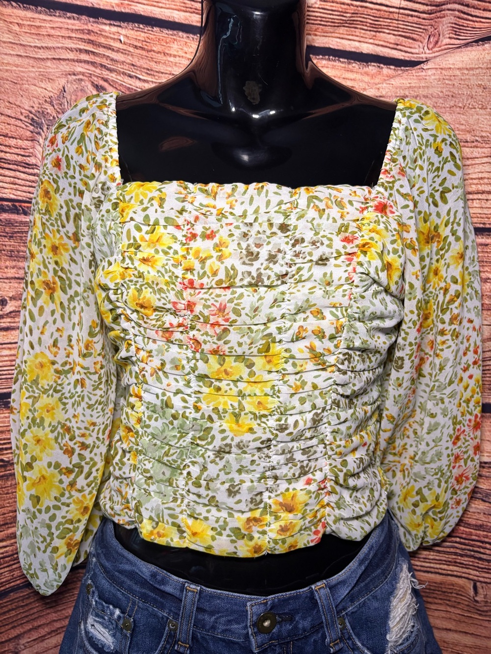 ILLA ILLA Yellow Floral Square-Neck Puff-Sleeve Blouse